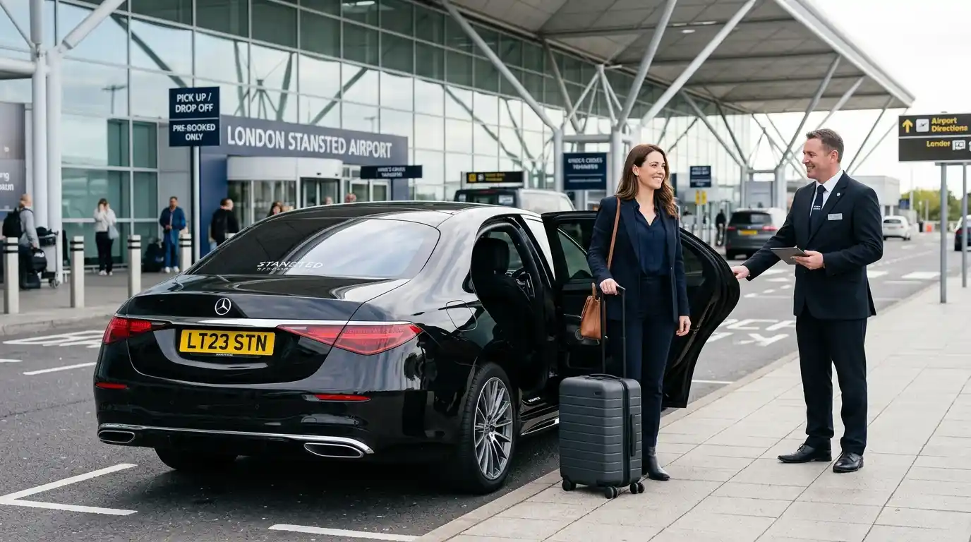 Stansted Airport Taxi saloon for fixed-fare Stansted Airport to London King's Cross St Pancras transfers in both directions via the M11 and Euston Road
