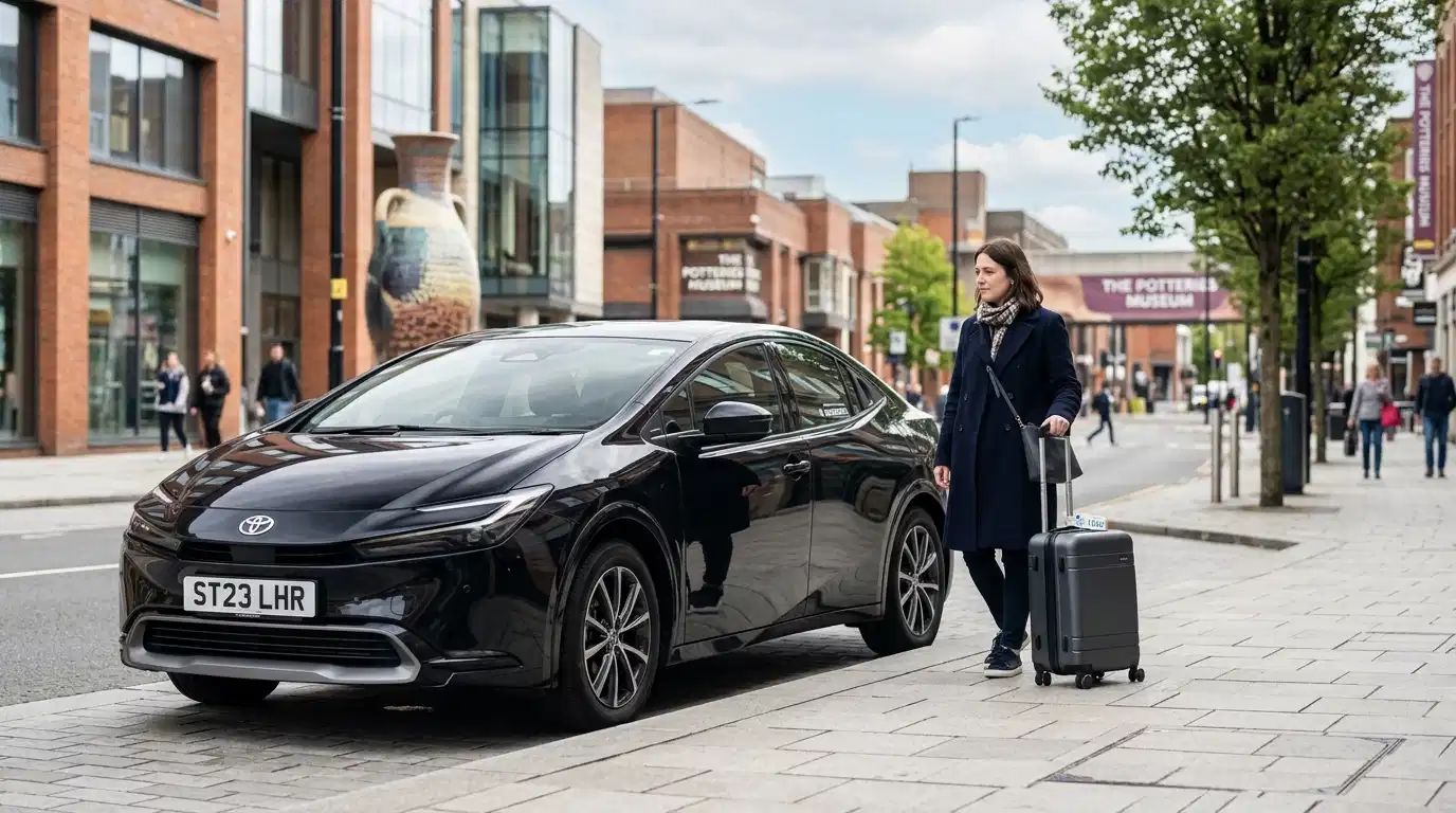 Stansted Airport Taxi long-distance fleet for Stoke-on-Trent to Heathrow — Mercedes E-Class executive and 8-seat minibus