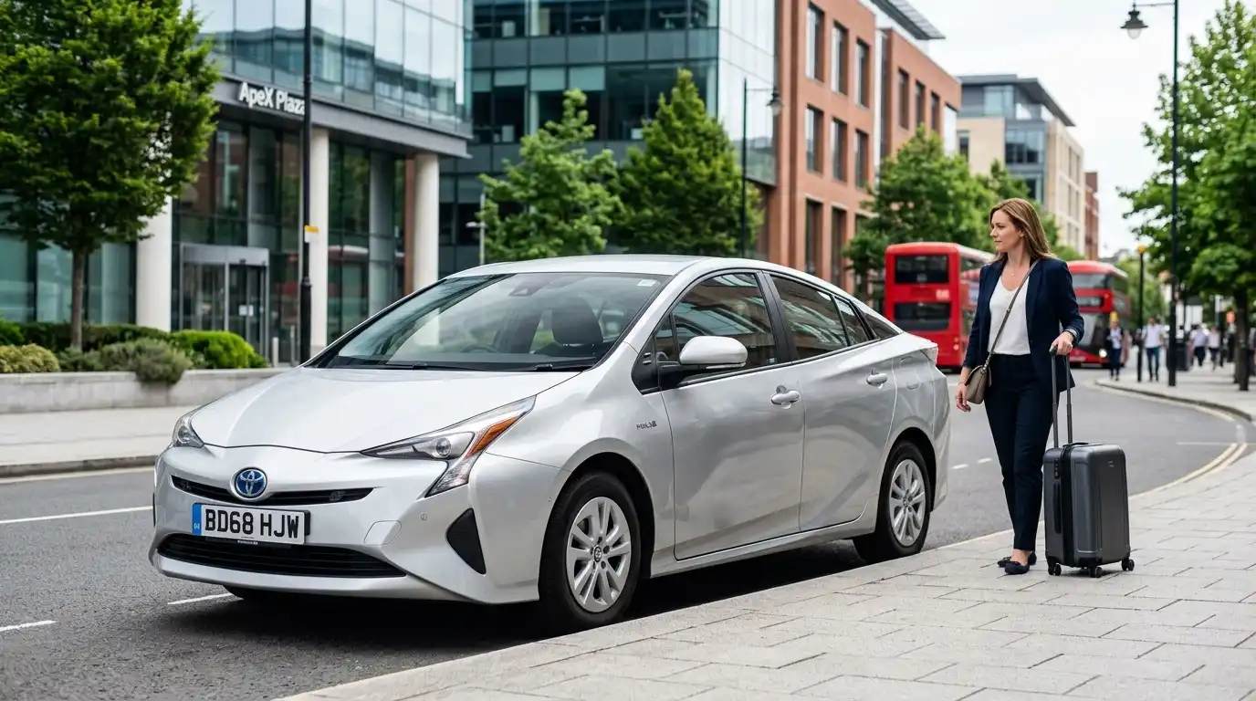 Stansted Airport Taxi fleet for Reading to Heathrow — Toyota Prius saloon and Mercedes MPV outside Reading Station