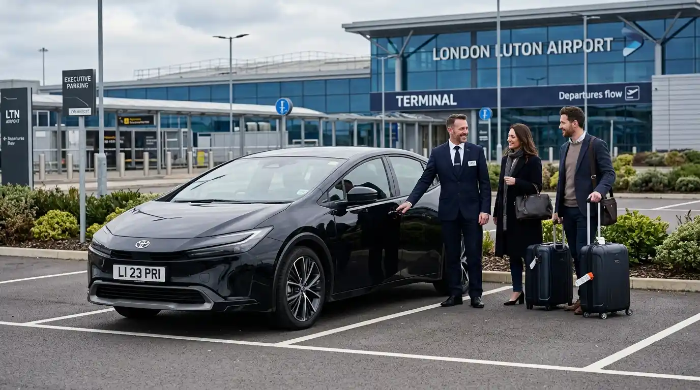 Chauffeur greeting passengers with luggage at London Luton Airport — meet-and-greet with fixed-fare private-hire taxi