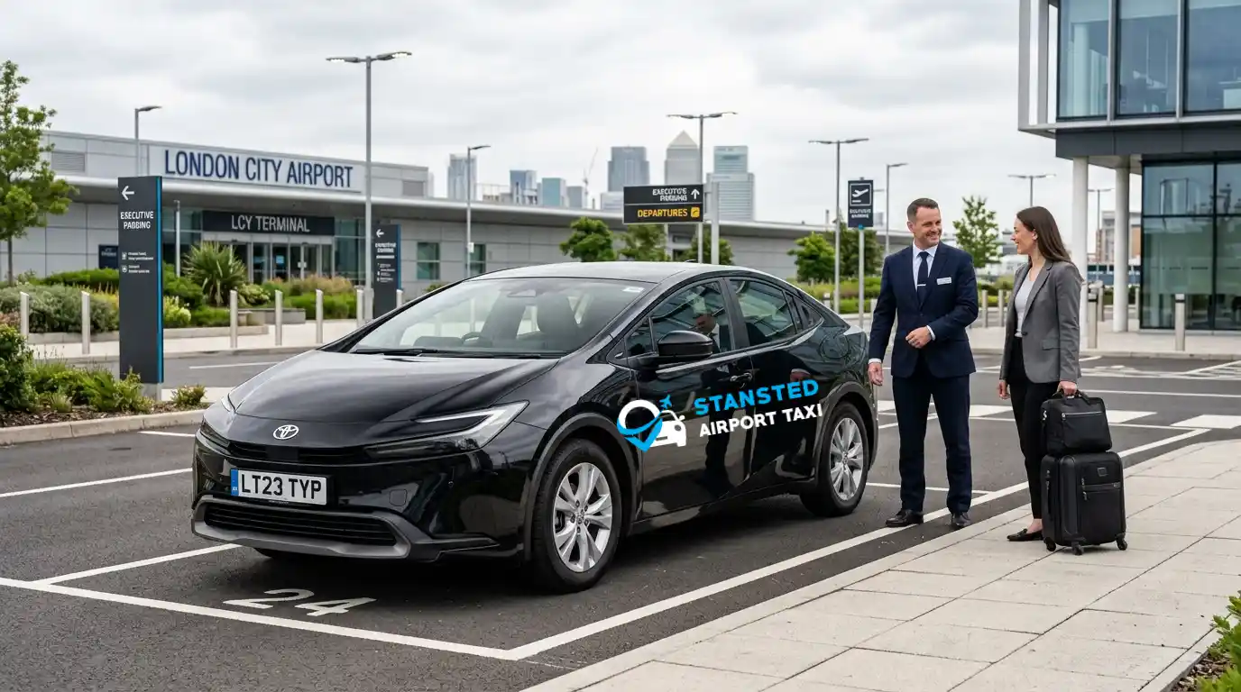 Stansted Airport Taxi London City Airport fleet — saloon at LCY terminal forecourt with driver welcoming a business traveller, illustrating the 8-class range from saloon and estate through MPV5-8 to executive Mercedes and minibus