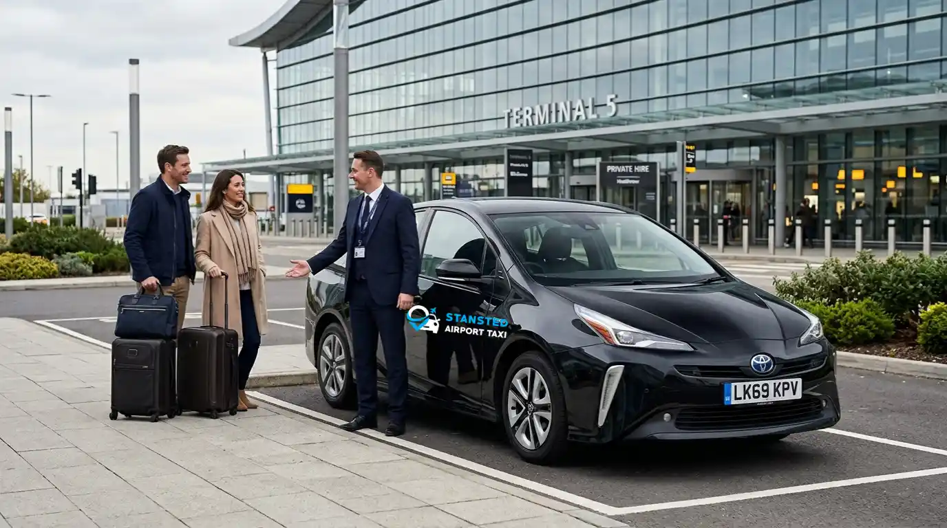 Stansted Airport Taxi Heathrow fleet — saloon at terminal forecourt with driver welcoming a business traveller, illustrating the 8-class range from saloon and estate through MPV5–8 to executive Mercedes and minibus