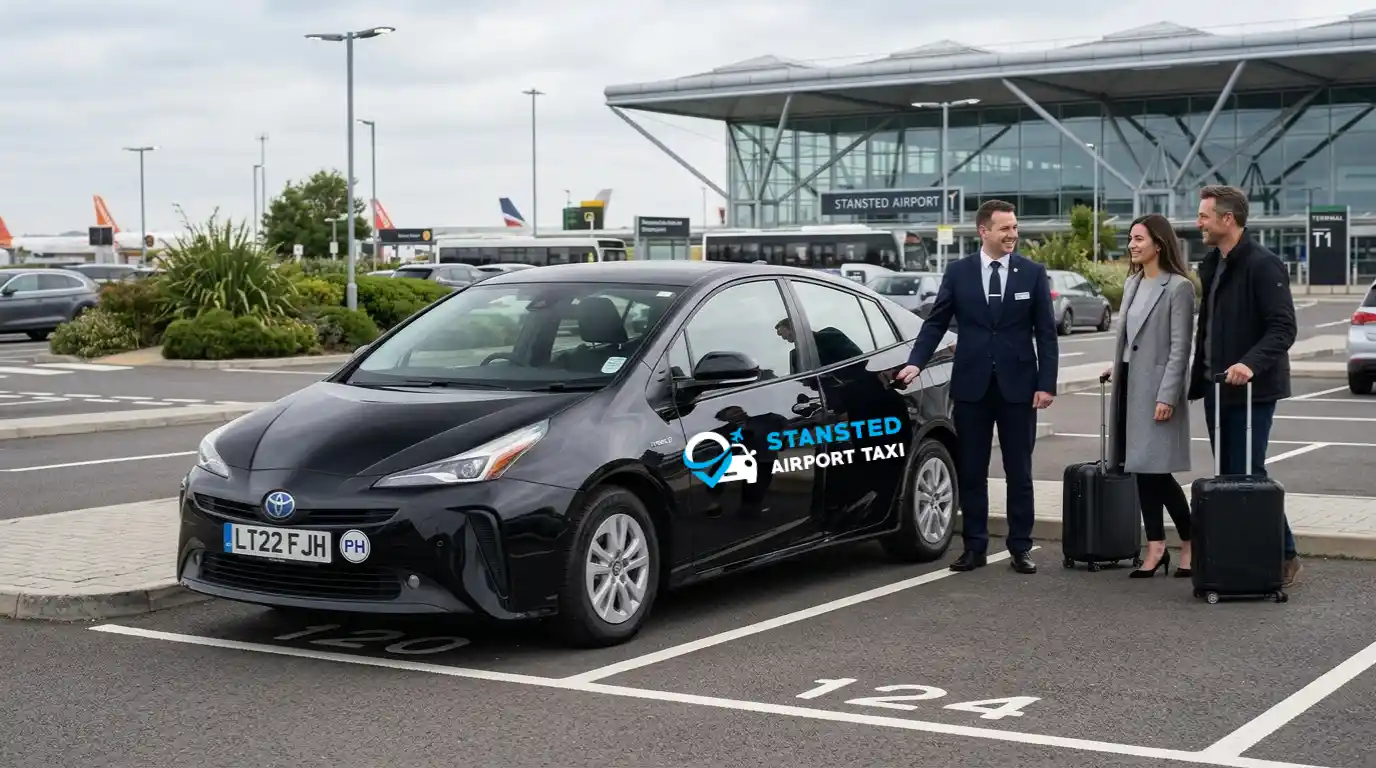 Chauffeur greeting passengers with luggage at London Stansted Airport — meet-and-greet with fixed-fare private-hire taxi