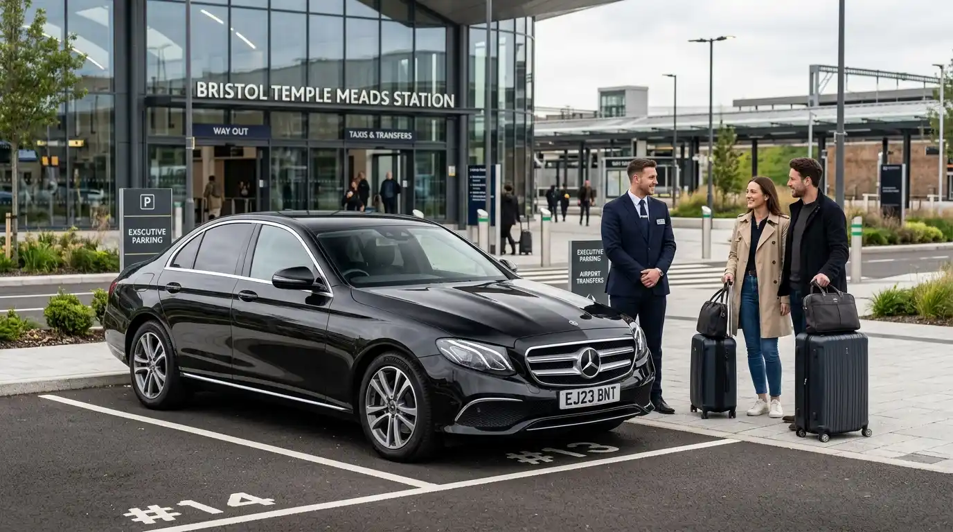 Stansted Airport Taxi Bristol to Heathrow fleet — executive MPV on the M4 eastbound with driver, luggage loaded, illustrating the 8-class range from saloon through MPV5-8 and executive Mercedes to minibus