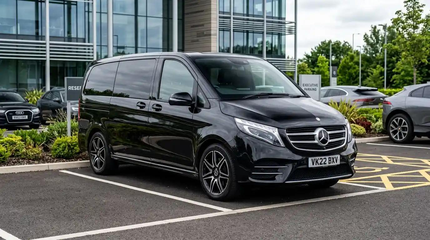 Stansted Airport Taxi Banbury to Heathrow fleet — executive MPV joining the M40 southbound at Junction 11 Banbury signed for Oxford, High Wycombe and London, illustrating the 8-class range from saloon through MPV5-8 and executive Mercedes to minibus