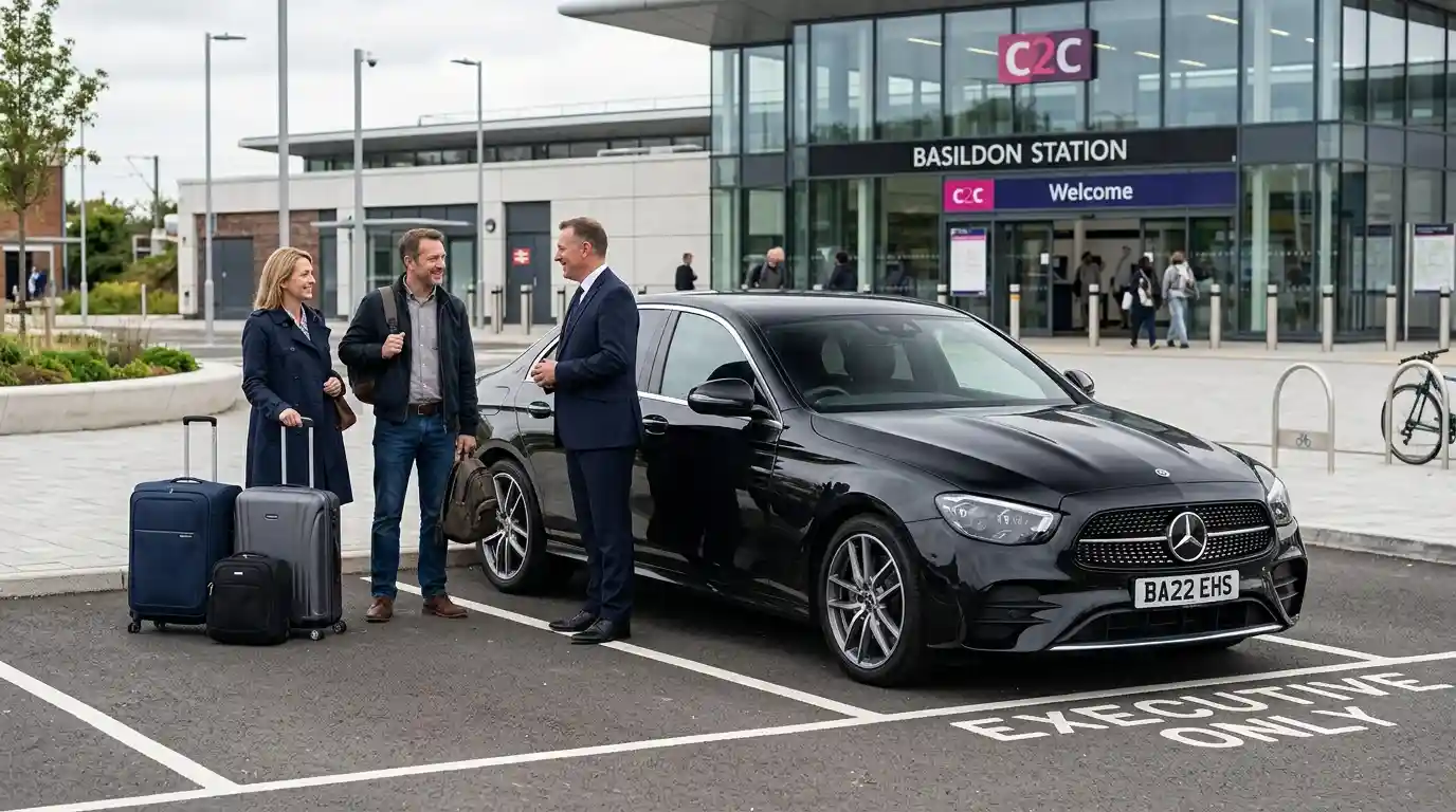 Chauffeur-driven fleet lineup showing Saloon, Estate, MPV6, MPV8 and Executive Mercedes on the A127 forecourt near the M25 J29 slip road — the vehicle classes covering Basildon SS13–SS16 to Heathrow T2–T5 fixed-fare transfers from £108.00