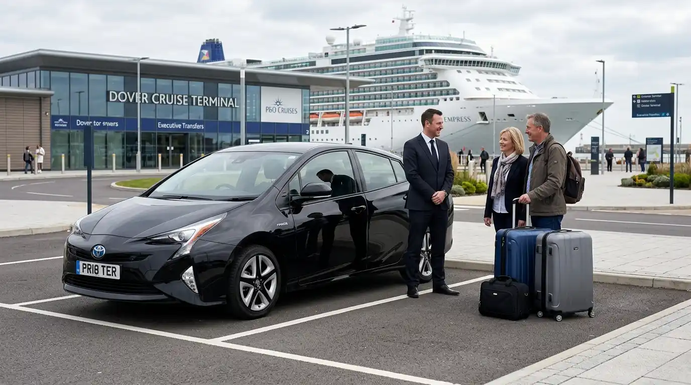 Chauffeur-driven fleet lineup showing Saloon, Estate, MPV6, MPV8 Mercedes Vito and Executive Mercedes V-Class at Dover Cruise Terminal 2 quayside with a cruise ship in the background — the vehicle classes covering Dover CT17 9DQ and CT16 1JA to all Heathrow terminals fixed-fare from £160