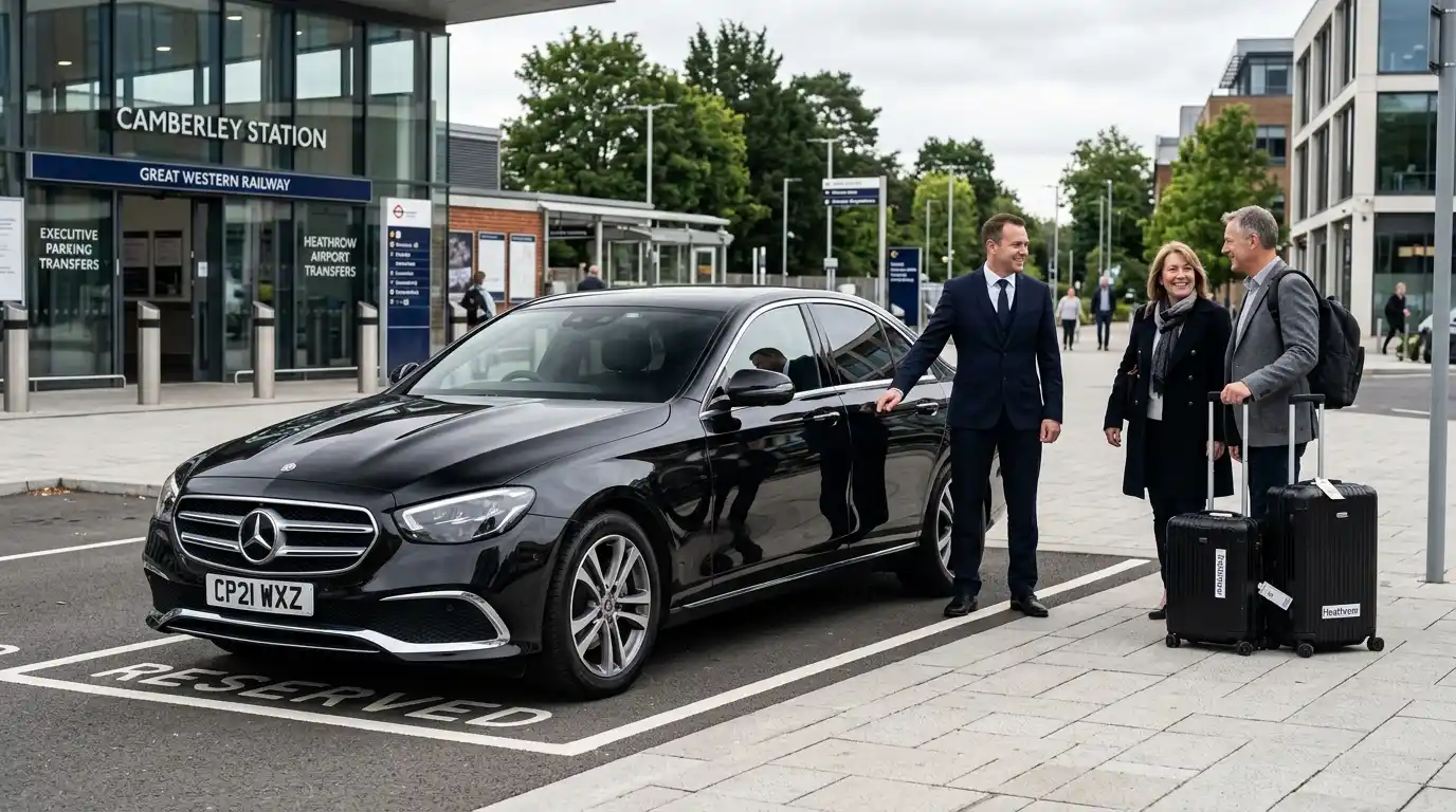 Chauffeur-driven fleet lineup showing Saloon, Estate, MPV6, MPV8 8-seater and Executive Mercedes E-Class at Camberley town centre pickup ready for the M3 corridor to Heathrow — the vehicle classes covering GU15 GU16 GU17 fixed-fare transfers from £53.40 to all four Heathrow terminals