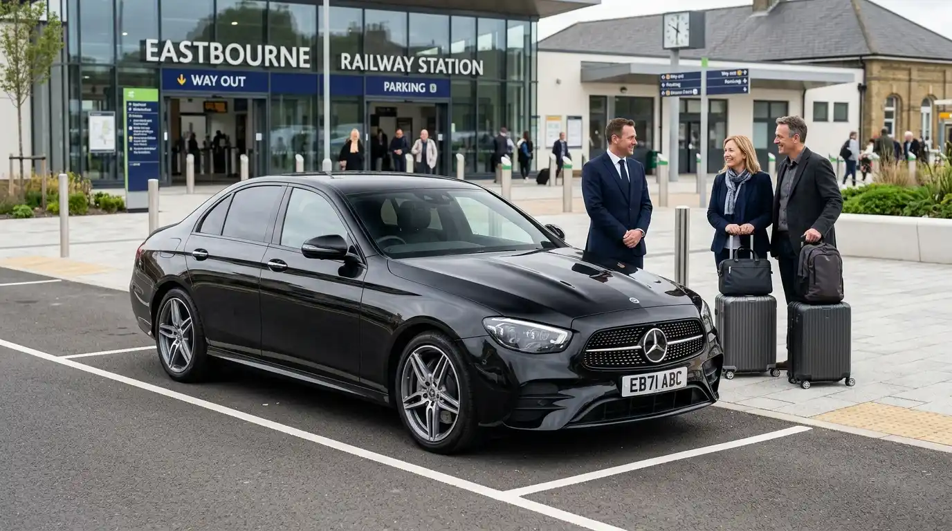 Chauffeur-driven fleet lineup showing Saloon, Estate, MPV6, MPV8 Mercedes Vito and Executive Mercedes E-Class and V-Class at Eastbourne Sovereign Harbour pickup ready for the A27 corridor to Heathrow — the vehicle classes covering BN20 to BN26 fixed-fare transfers from £135 saloon to all four Heathrow terminals