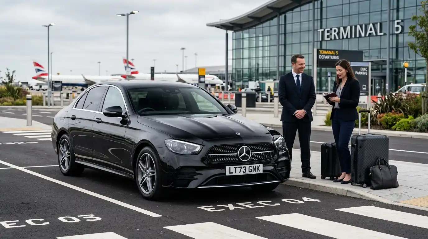 Chauffeur-driven fleet lineup showing Saloon, Estate, MPV6, MPV8 Mercedes Vito and Executive Mercedes E-Class and V-Class ready for pre-dawn Heathrow transfers to catch the 08:20 morning Dallas Fort Worth departure — with transatlantic case capacity as the deciding factor