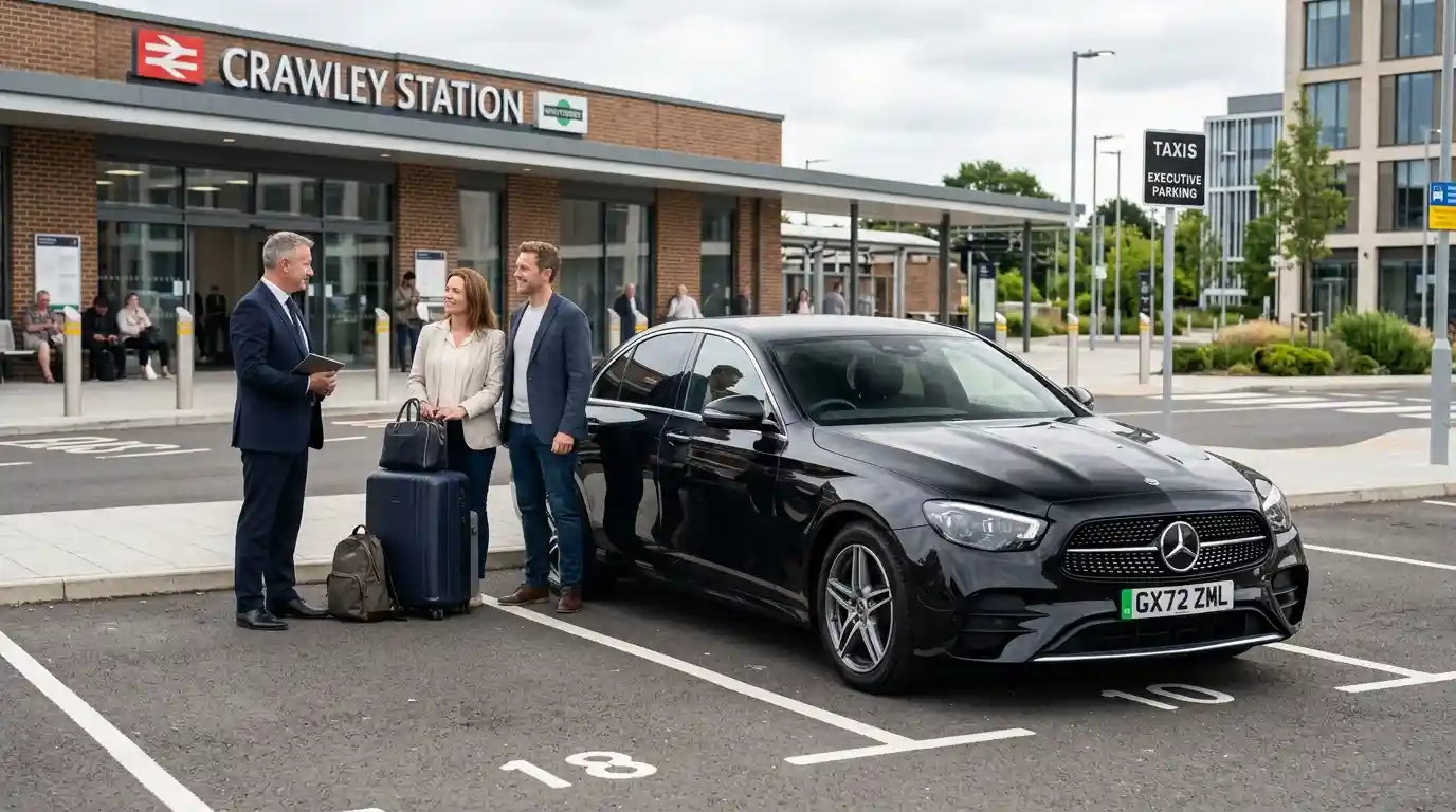 Chauffeur-driven fleet lineup showing Saloon, Estate, MPV6, the eight-seat Mercedes Vito and Executive Mercedes E-Class and V-Class ready for pre-dawn Crawley pickups to Heathrow, with case capacity as the deciding factor between classes