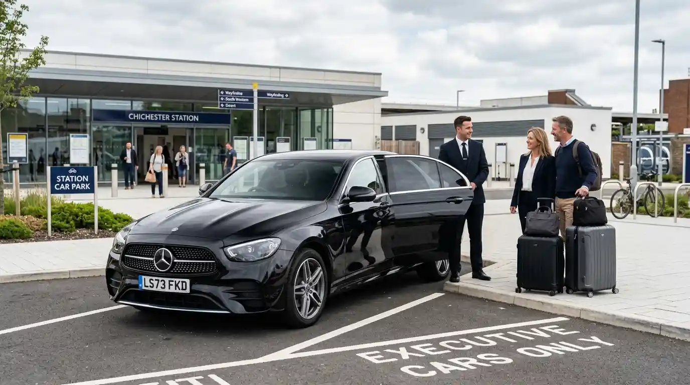 Chauffeur-driven fleet lineup showing Saloon, Estate, MPV6, the eight-seat Mercedes Vito and Executive Mercedes E-Class and V-Class ready for an early Chichester pickup onto the A27 for the road north to Heathrow