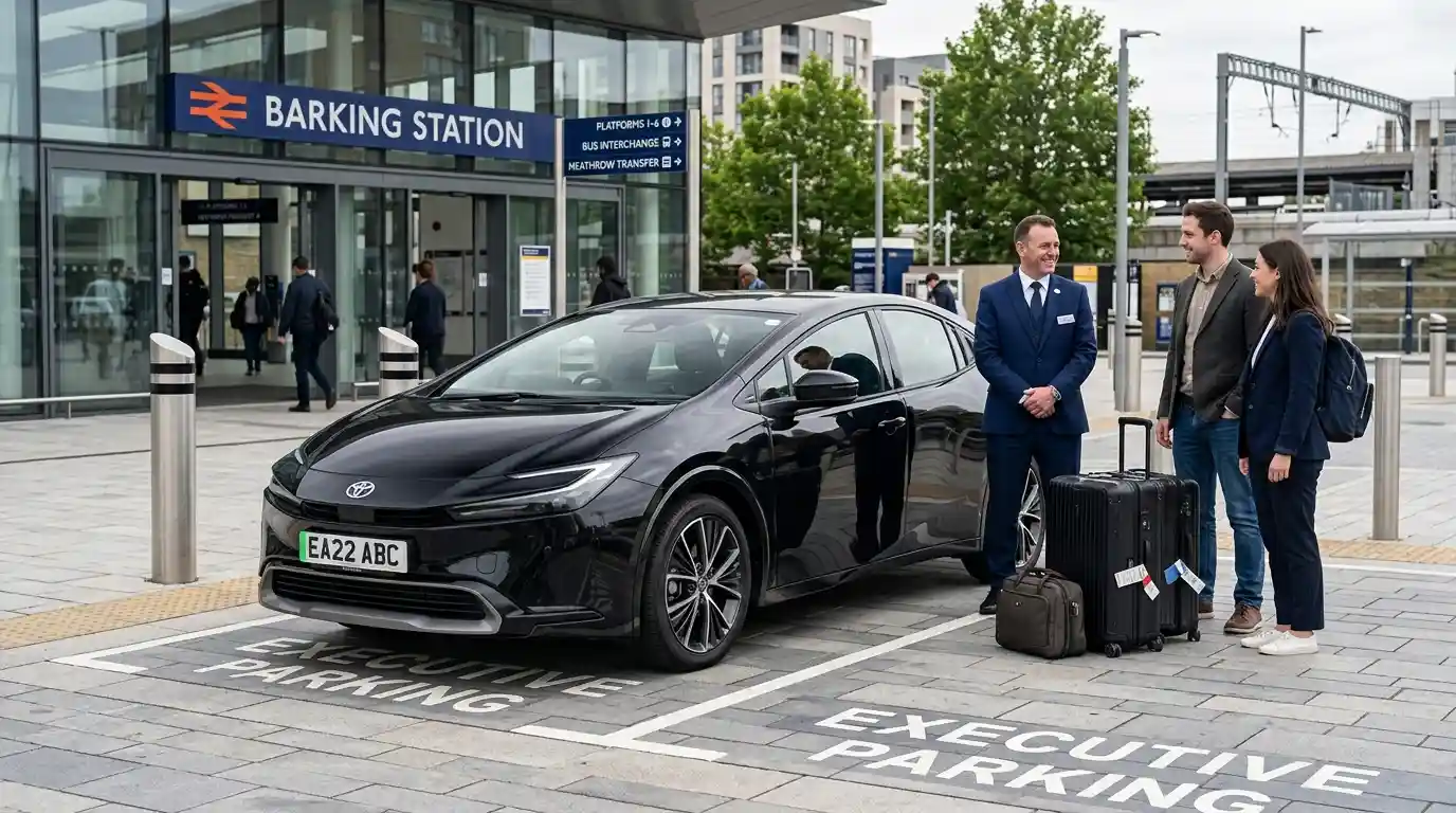Chauffeur-driven fleet lineup showing Saloon, Estate, MPV6, the eight-seat Mercedes Vito and Executive Mercedes E-Class and V-Class ready for an early Barking pickup onto the A13 and North Circular for Heathrow