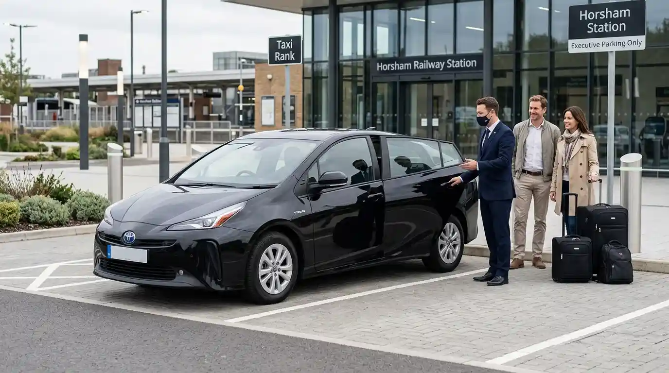 Chauffeur-driven fleet lineup showing Saloon Toyota Prius, VW Passat Estate, MPV6, MPV8 Mercedes Vito and Executive Mercedes E-Class and V-Class ready for door pickups across the RH12 and RH13 postcodes of Horsham town centre and Southwater with the Carfax and Horsham station forecourt as reference points
