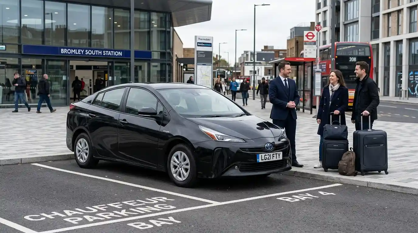 Chauffeur-driven fleet lineup showing Saloon, Estate, MPV6, the eight-seat Mercedes Vito and Executive Mercedes E-Class and V-Class ready for an early Bromley pickup across south London to Heathrow