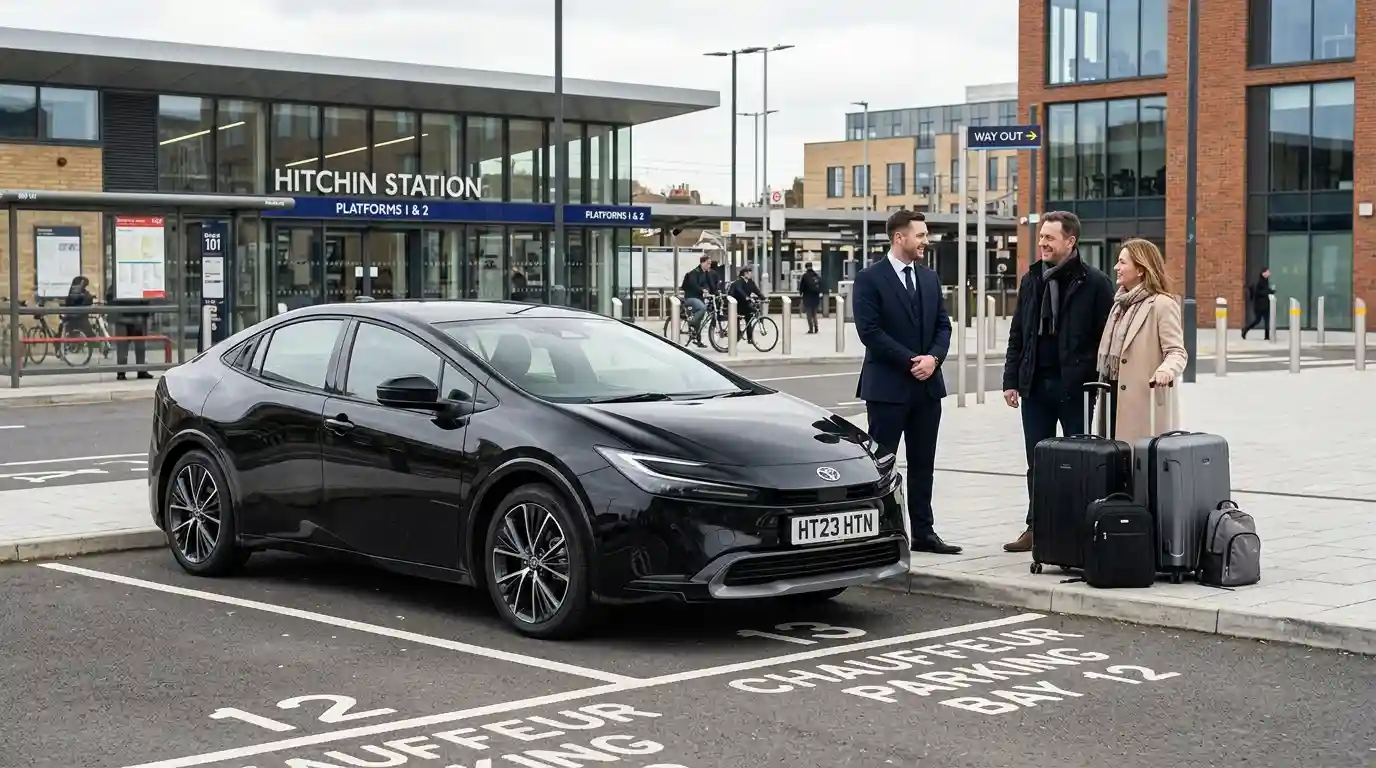 Chauffeur-driven fleet lineup showing Saloon, Estate, MPV6, the eight-seat MPV8 and the Executive Mercedes E-Class ready for an early Hitchin pickup on the A505 towards the M1 and Heathrow