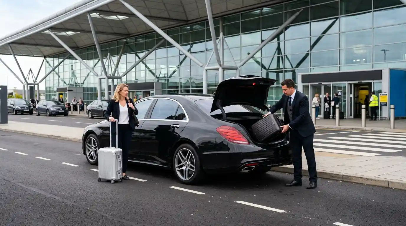 Stansted Airport arrivals hall with taxi driver holding name board