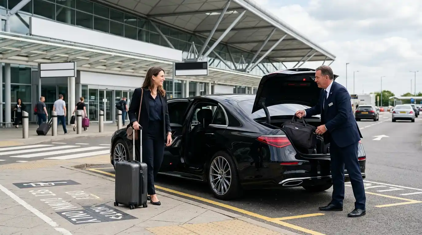 Stansted Airport terminal drop-off zone with taxi unloading luggage