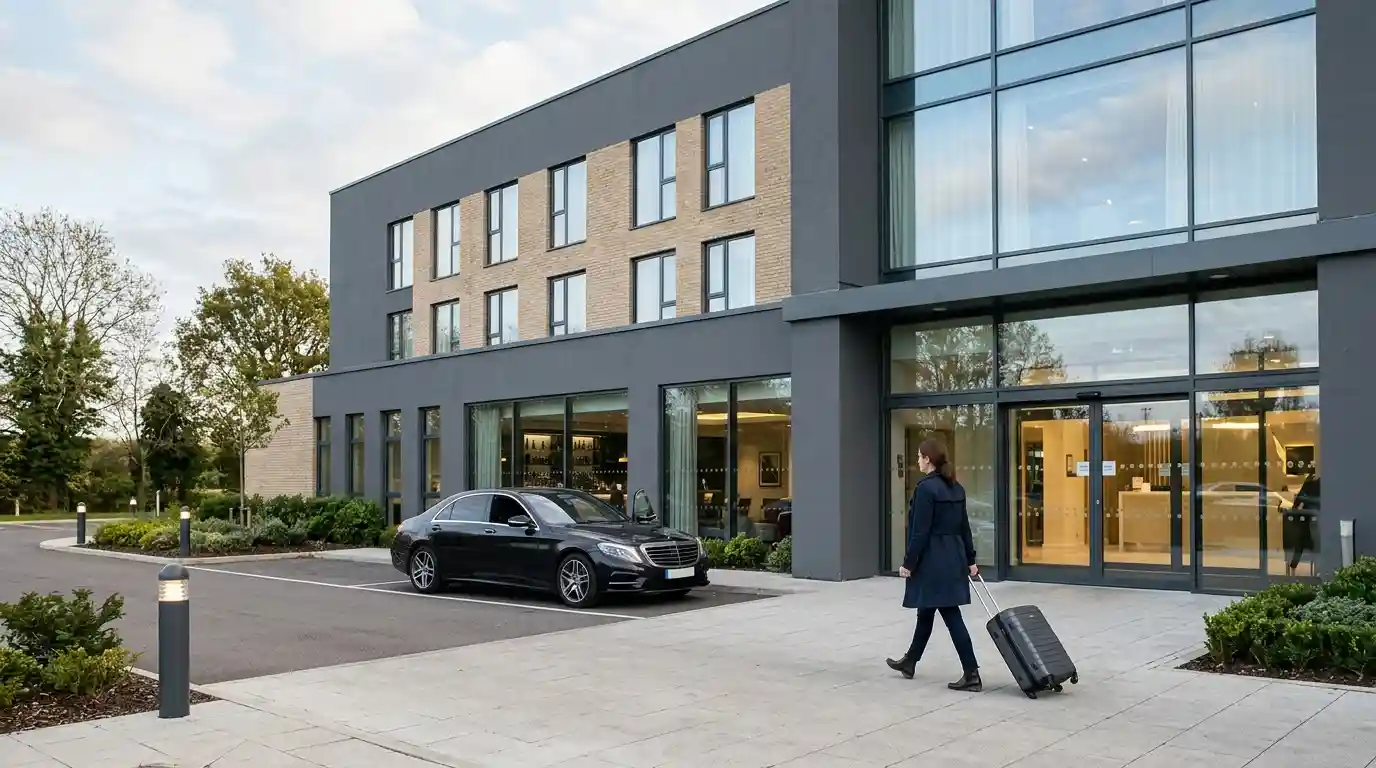 Modern guest room at Hampton by Hilton London Stansted Airport