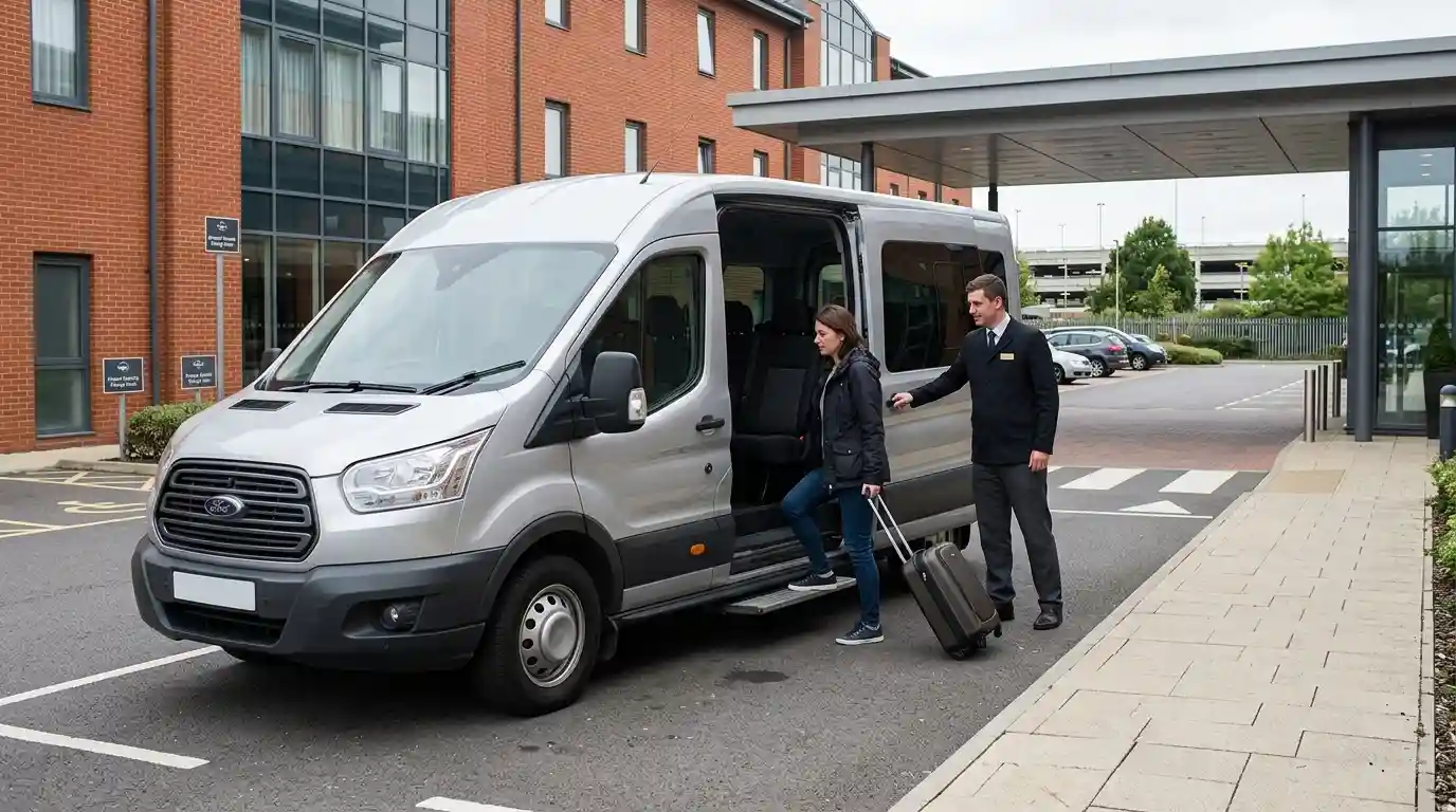 Holiday Inn Express airport shuttle waiting at the hotel front entrance near Stansted Airport