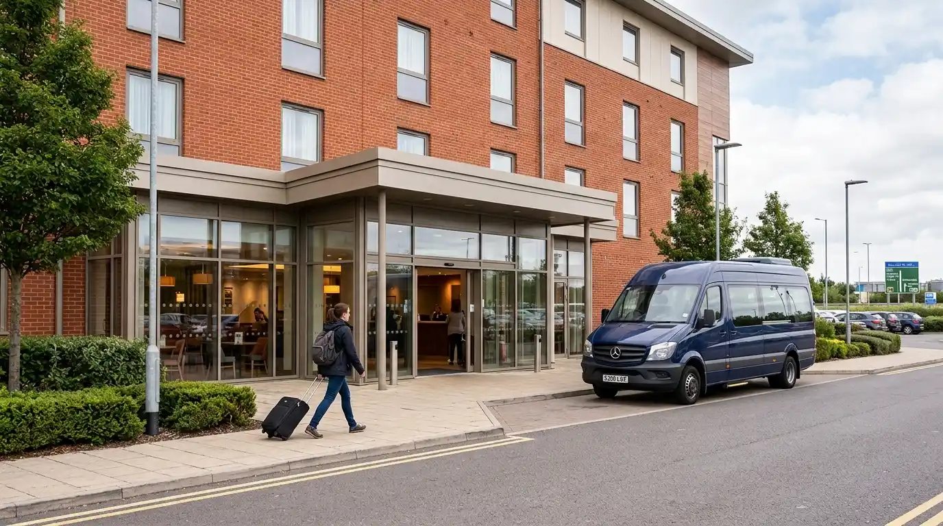 Premier Inn shuttle bus at bay 19, Stansted Airport, beside the National Express coach departures