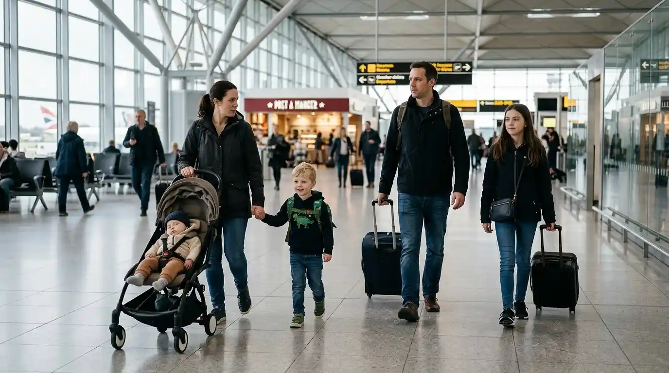 Family with children of different ages travelling through Stansted Airport