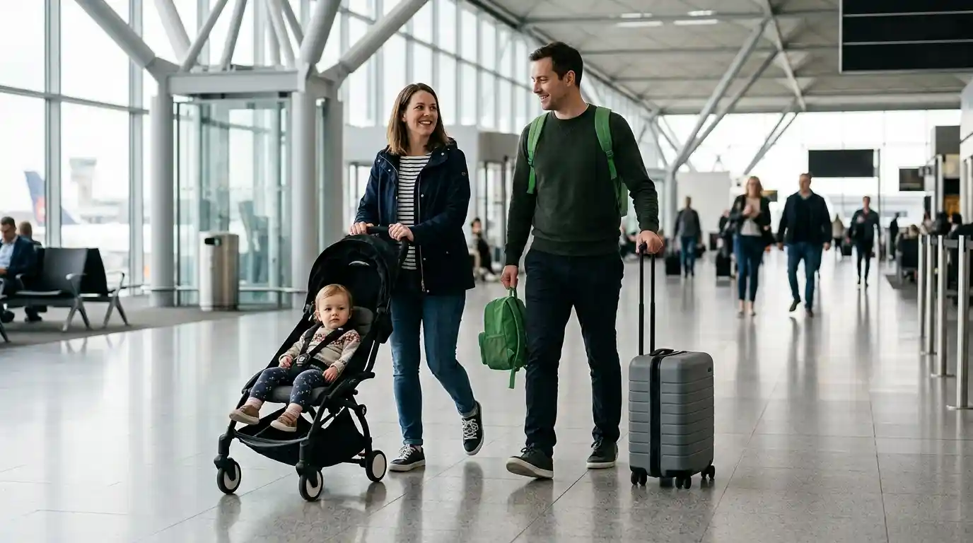 Pushchair being prepared for security screening at Stansted Airport