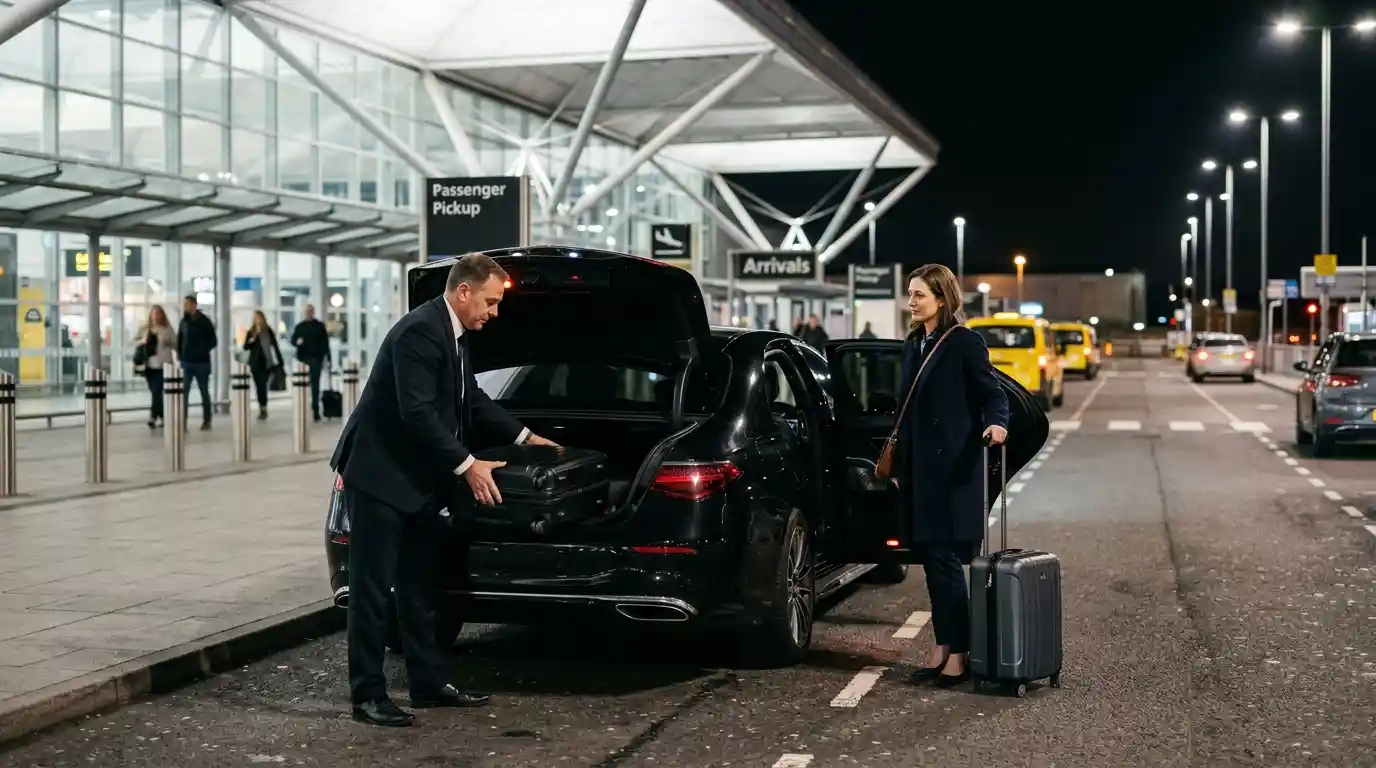 Passenger verifying vehicle details at a well-lit airport pickup area at night