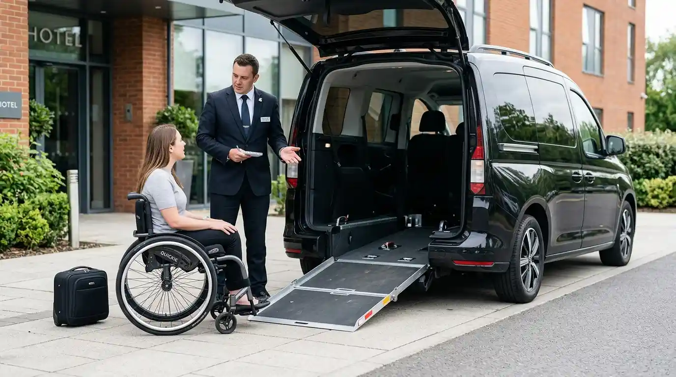 Mobility equipment being loaded into an accessible vehicle at Stansted Airport