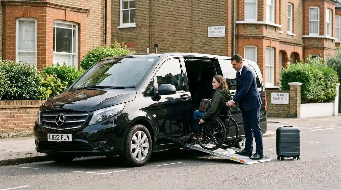 Accessible taxi pickup for an early-morning flight at Stansted Airport