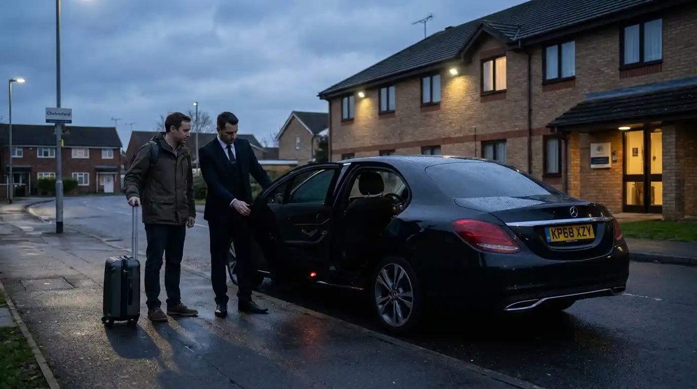 Pre-booked fixed-fare transfer vehicle collecting passengers in Chelmsford for Stansted Airport