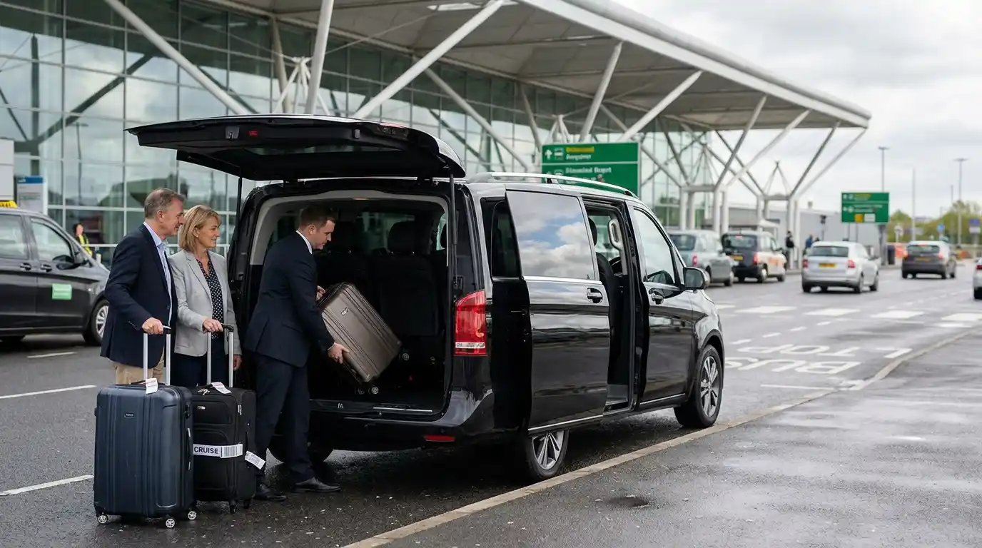 Passengers with cruise luggage being collected at Stansted Airport for a Southampton cruise transfer