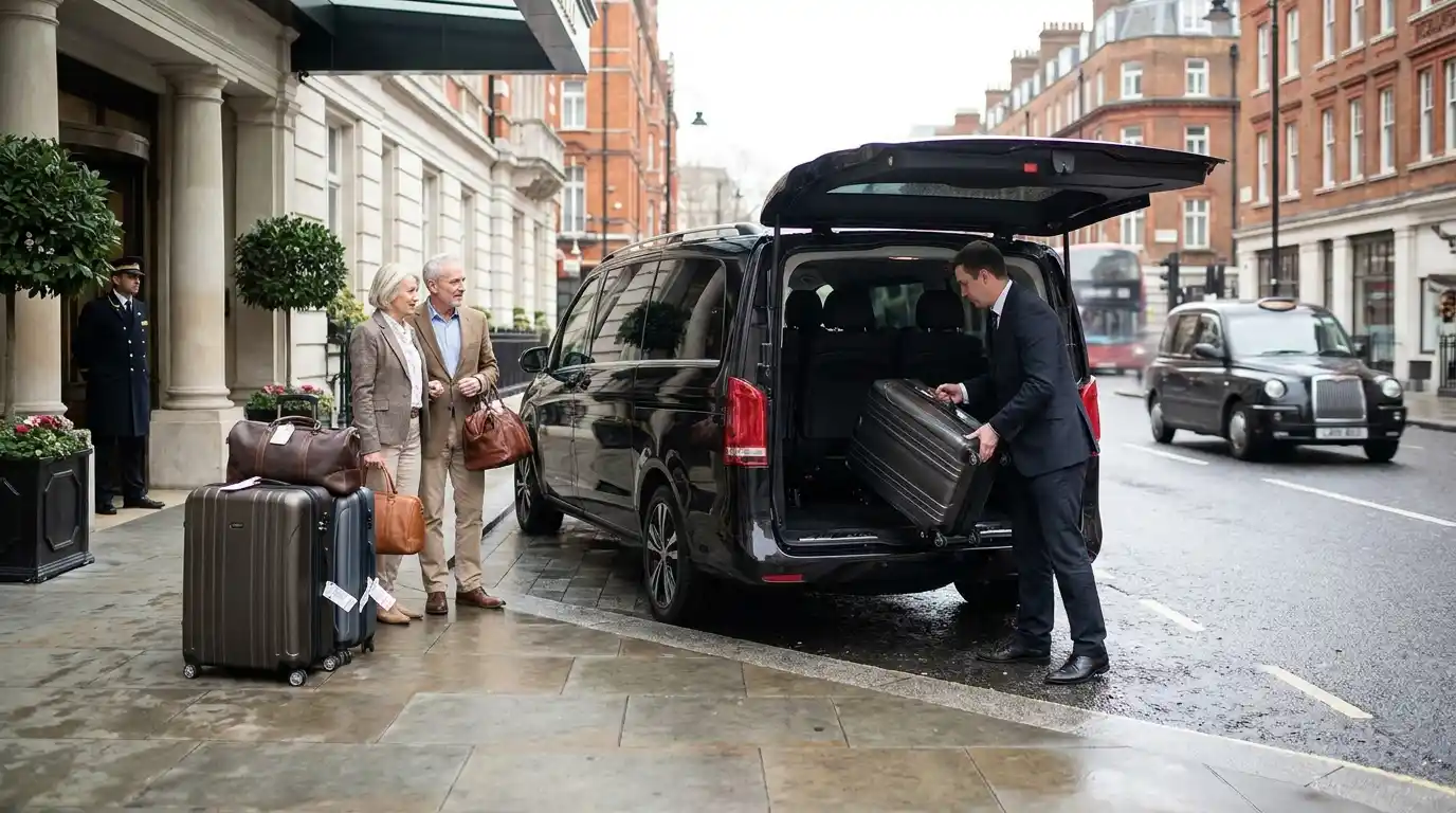 Driver loading cruise luggage into a private transfer vehicle at a London hotel