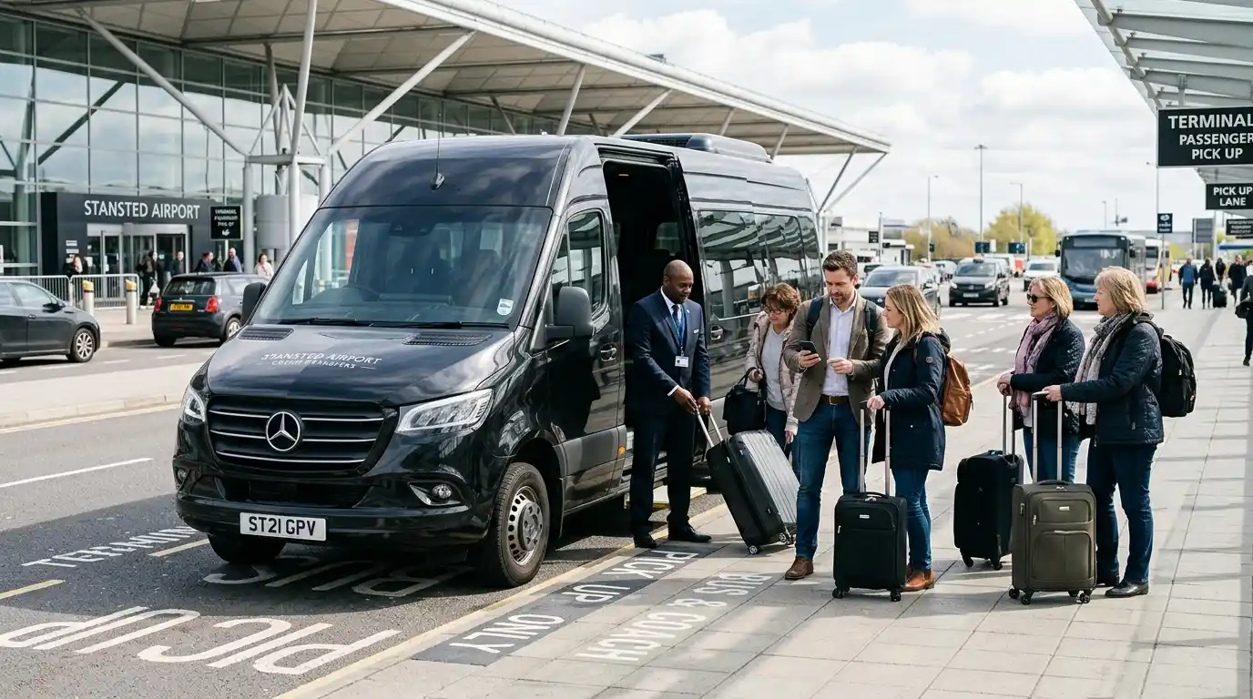 Minibus collecting wedding guests from a hotel for transport to the venue
