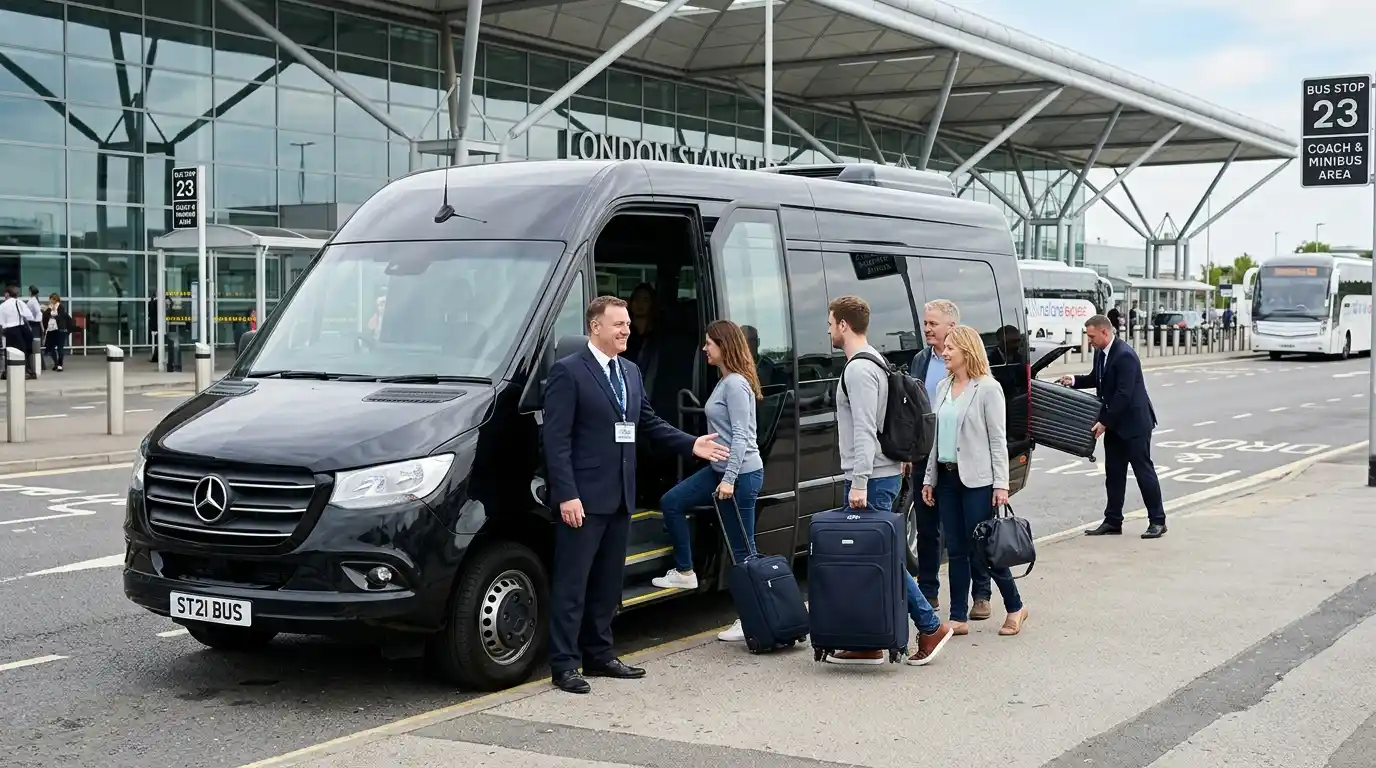 Minibus driver loading luggage for a group travelling to Stansted Airport