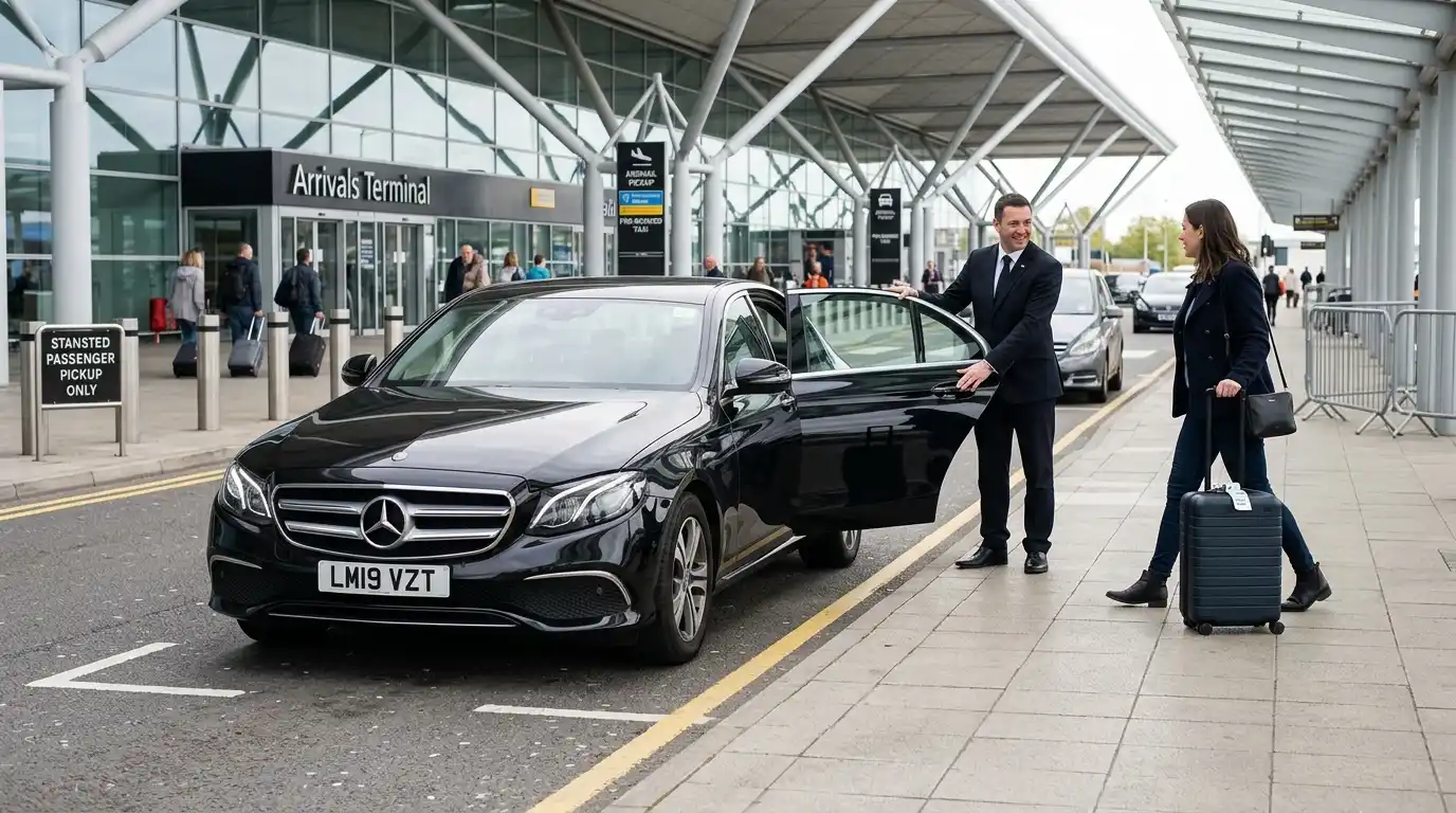 Stansted Airport arrivals hall leading to the pre-booked taxi pickup area