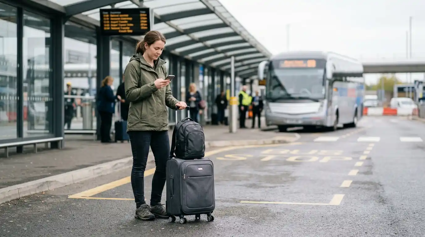 Coach luggage hold and rail platform for the Luton to Stansted route