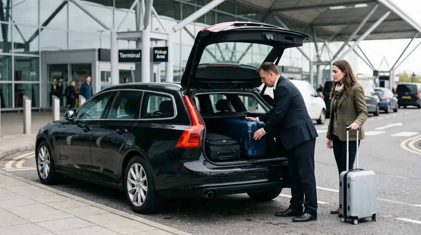 Estate and MPV vehicles loaded with luggage for Stansted Airport transfers