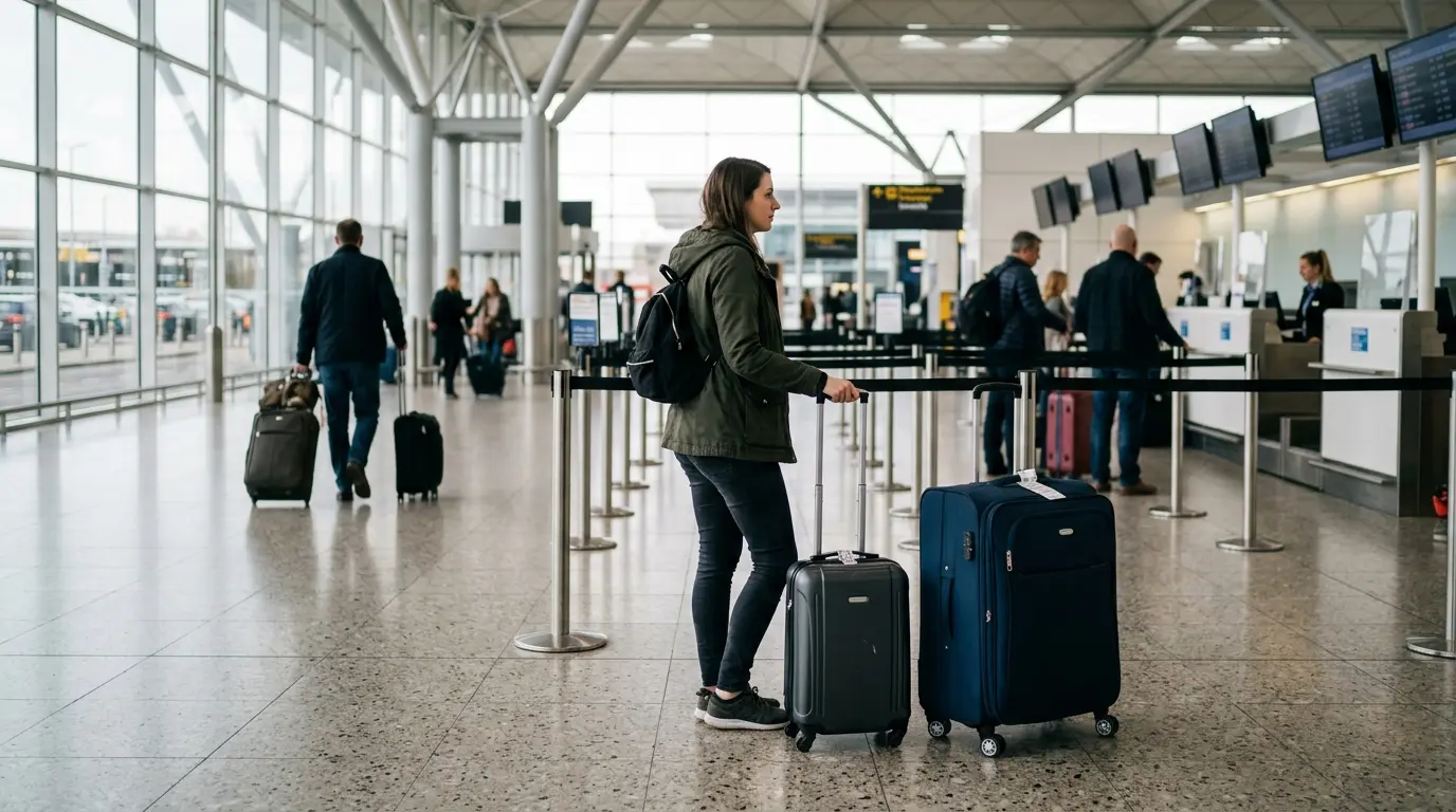 Passenger checking hand luggage dimensions before travelling to Stansted Airport