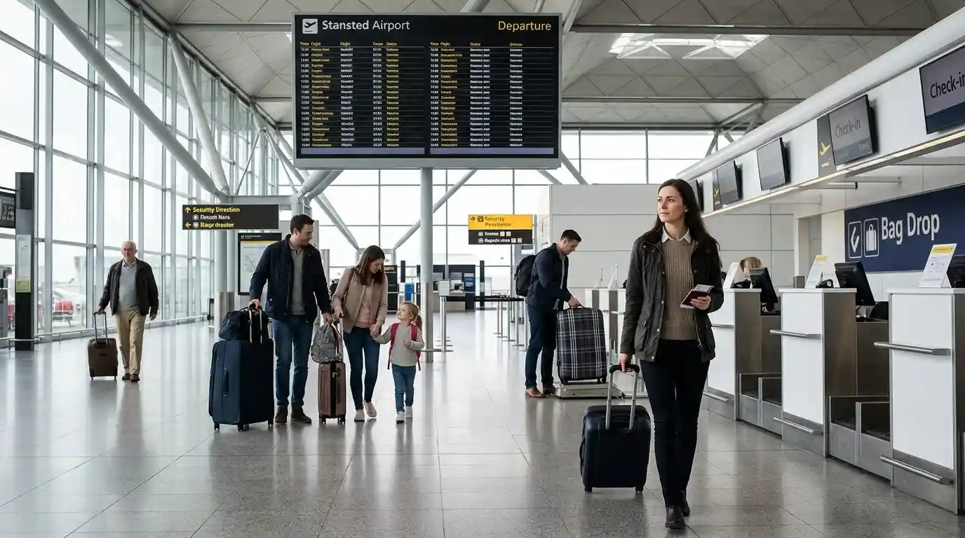 Family and group travellers walking through Stansted Airport terminal