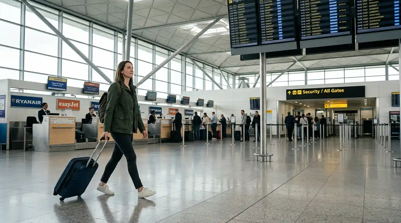 Stansted Airport check-in hall and departure information boards