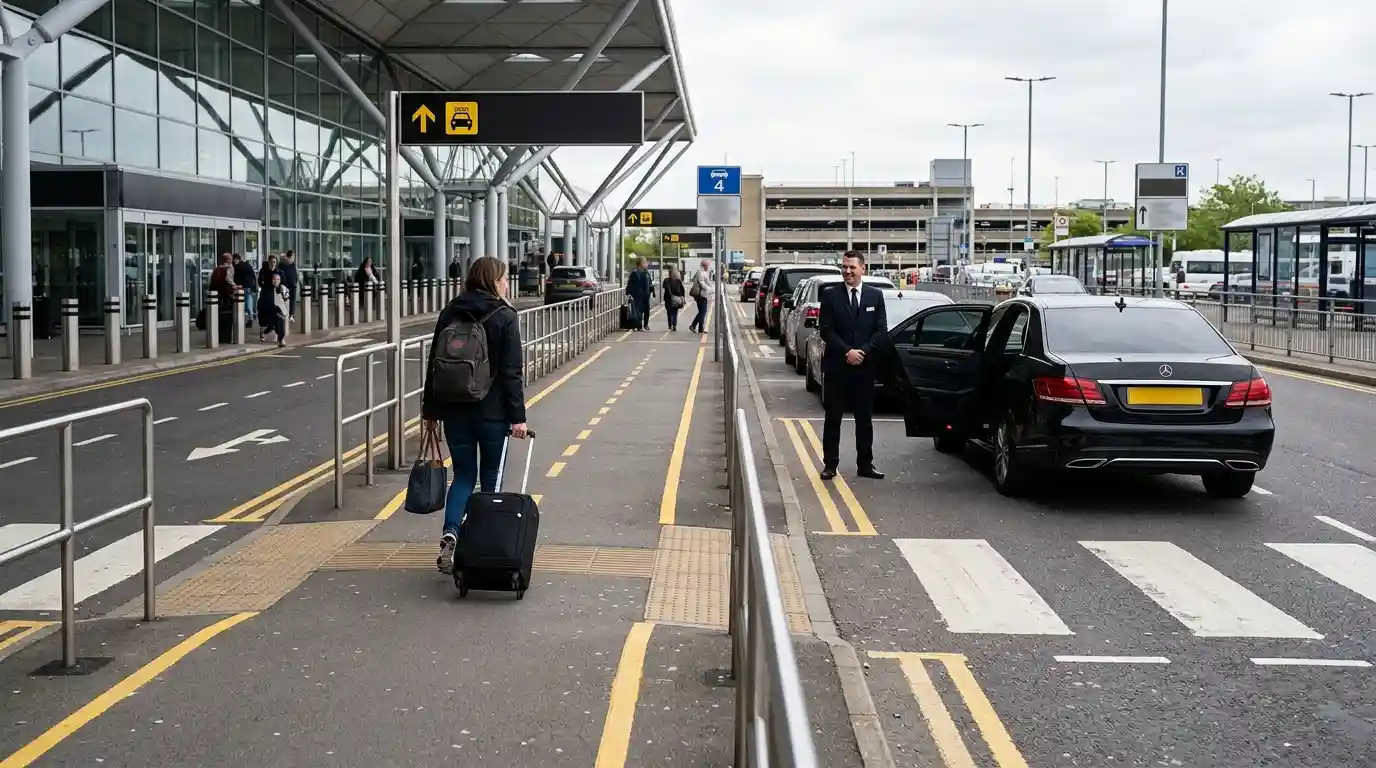 Pre-booked private-hire driver meeting a passenger in the Stansted Airport arrivals hall
