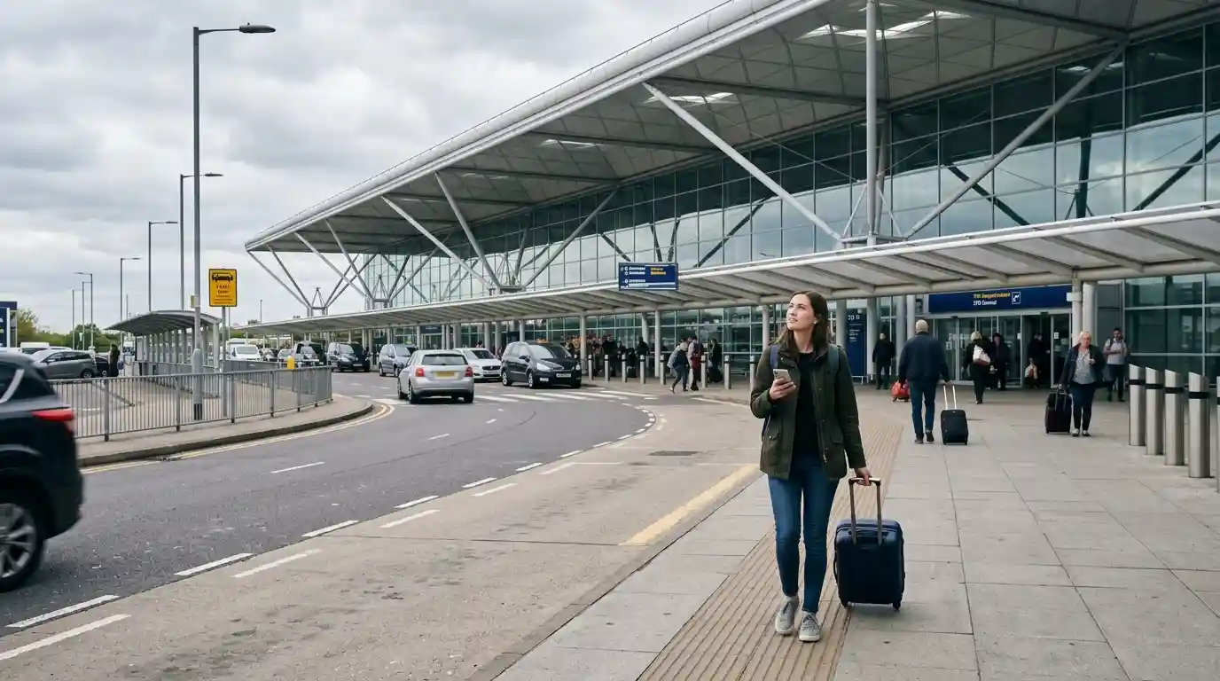 Stansted Airport terminal building and surrounding road network