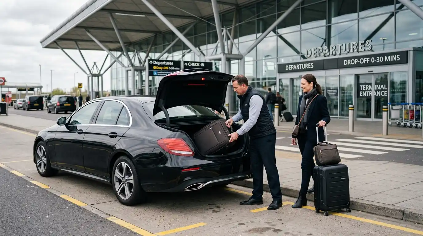 Pre-booked private-hire driver assisting with luggage for a Stansted Airport transfer