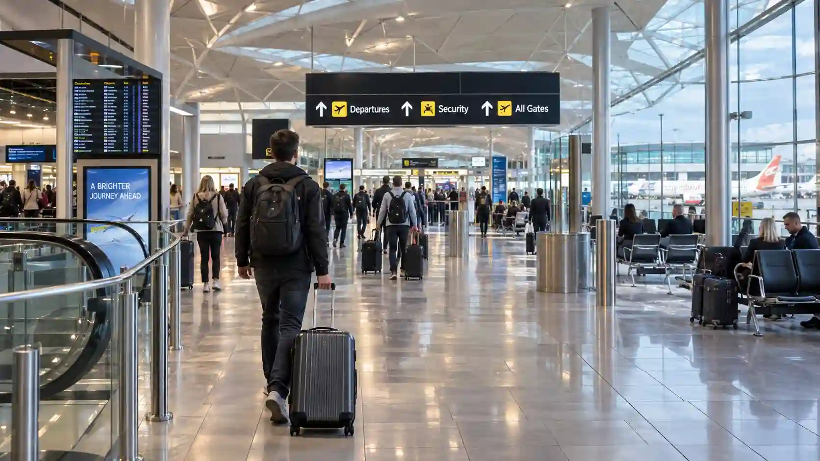 Stansted Airport departure lounge leading into a satellite pier