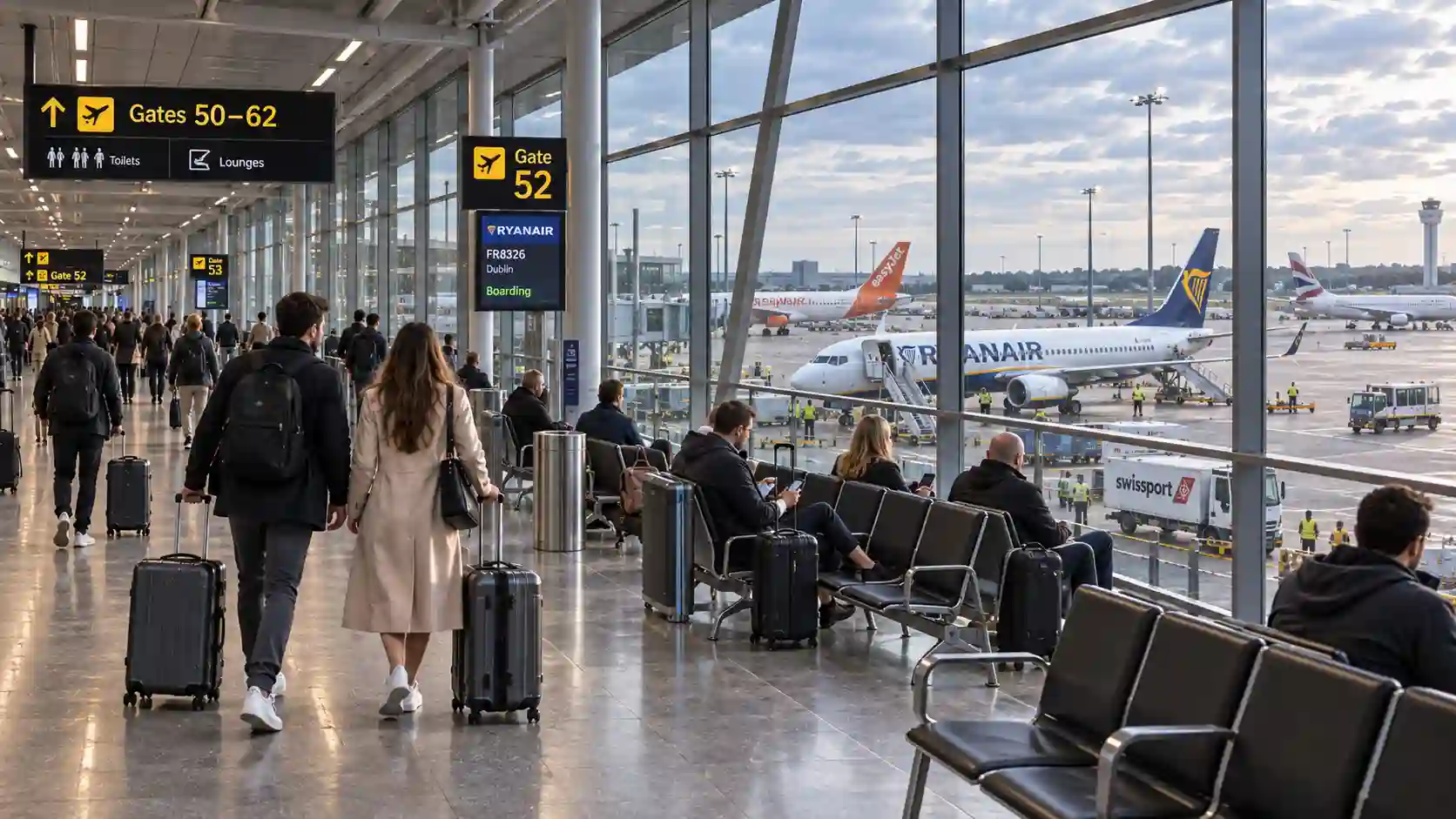 Satellite pier walkway leading to departure gates at Stansted Airport