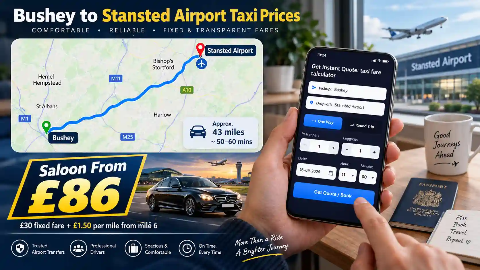 Saloon and MPV vehicles for Bushey to Stansted Airport transfers