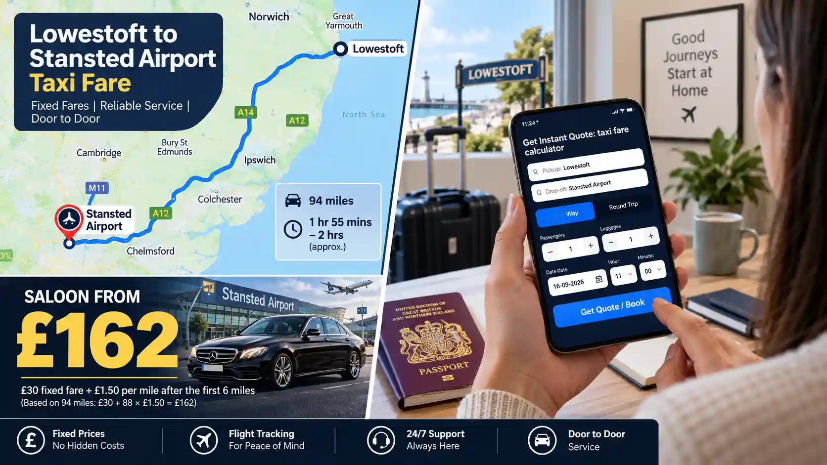 Saloon and MPV vehicles for Lowestoft to Stansted Airport transfers
