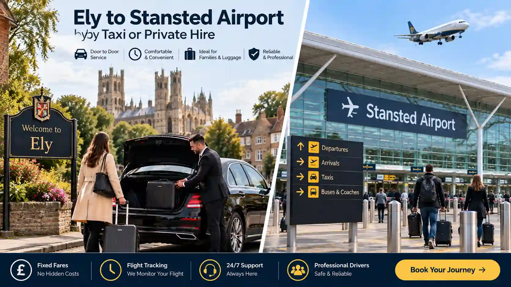 Pre-booked taxi collecting a passenger in Ely for Stansted Airport