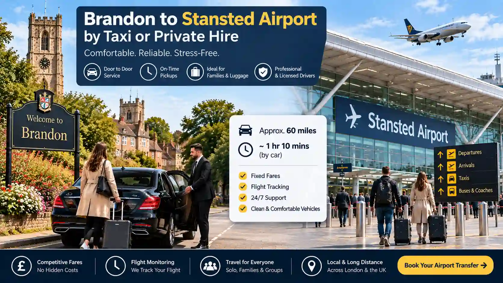 Pre-booked taxi collecting a passenger in Brandon for Stansted Airport